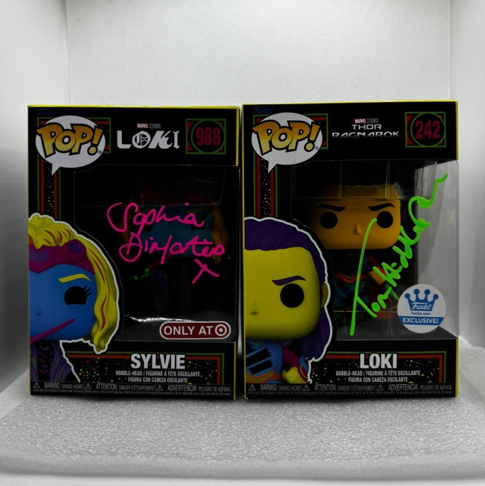 Bundle: Funko Pops Loki #242 Funko Exclusive & Sylvie # 988 Only at @ - signed by black light pens authenticated By SWAU + JSA each