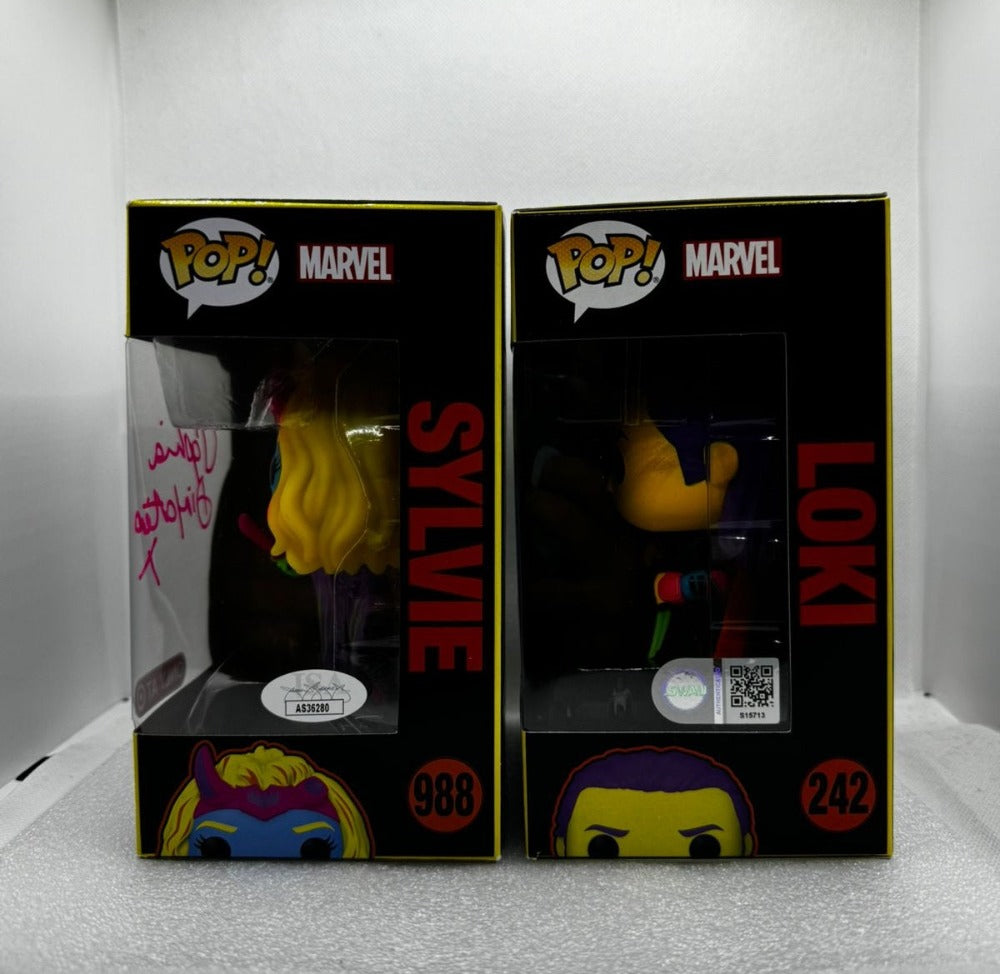 Bundle: Funko Pops Loki #242 Funko Exclusive & Sylvie # 988 Only at @ - signed by black light pens authenticated By SWAU + JSA each