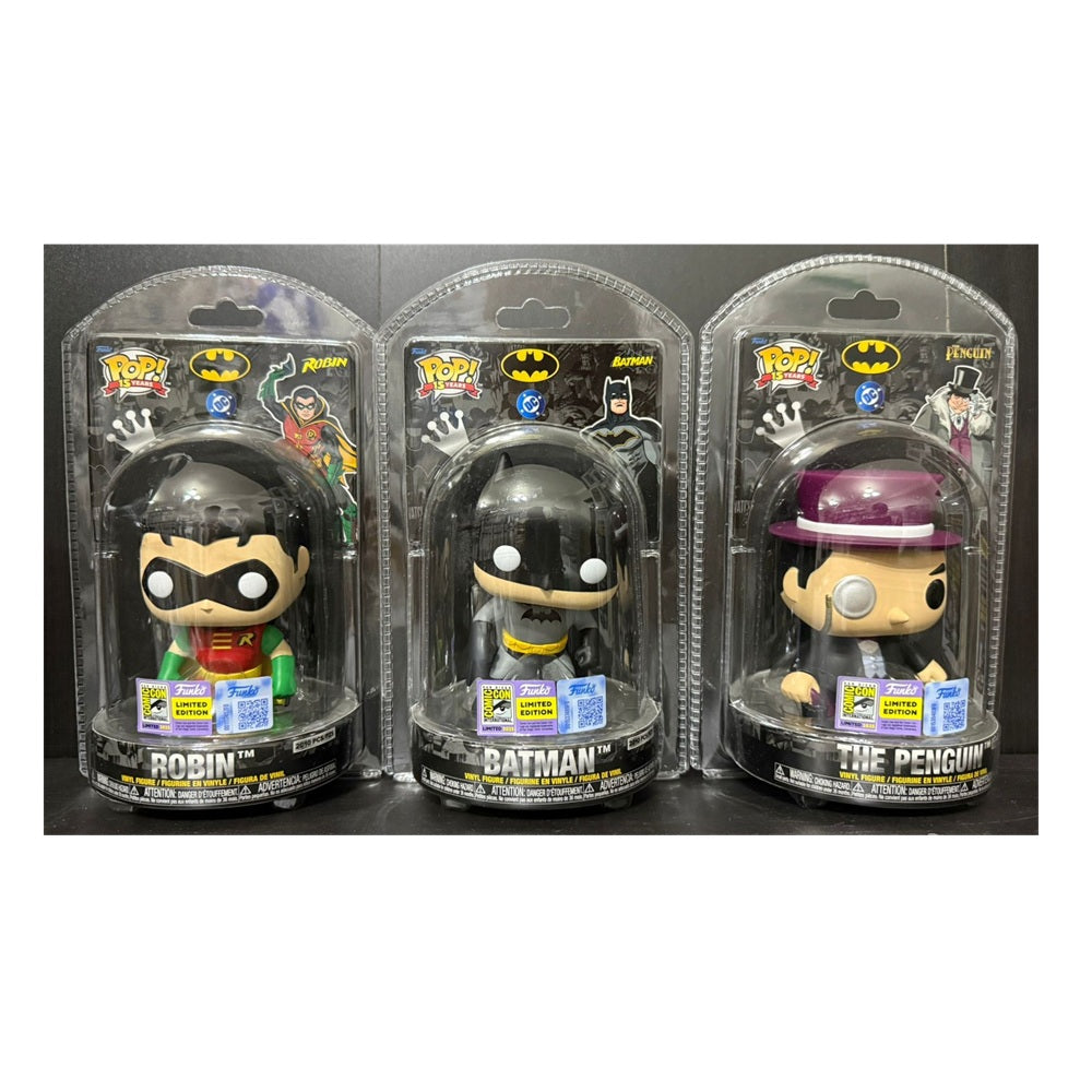 Funko Pop! SDCC 2025 Batman, Robin & Penguin Clamshell Limited 2010 PCS Set 3