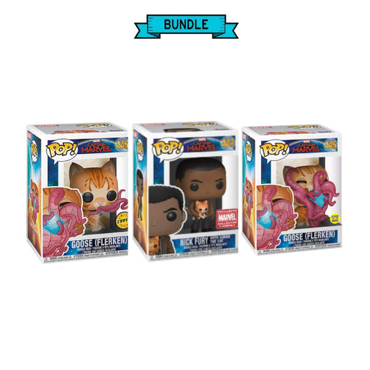 Bundle: Funko POP! Goose(Flerken) #445 Chase Limited Edition + Nick Fury #447 Exclusive Marvel + Goose(Flerken) #445 Glow in the Dark - Captain Marvel