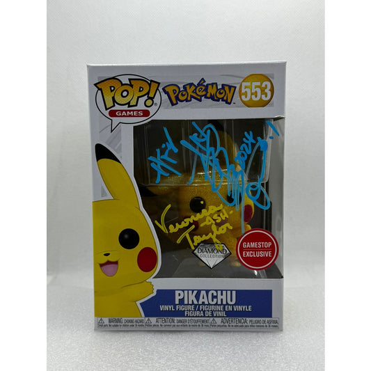 Funko POP! Pikachu - Pokémon #553 Game Stop Exclusive + Diamond Collection - Signed by Rica Matsumoto in 2024 - AGS certified +  Veronica Taylor - JSA certified