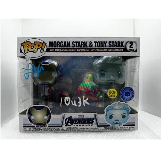 Funko POP! Morgan Stark & Tony Stark MArvel - 2 pack (glow in the dark) - Signed by Lexi Rabe in Feb Pop Con 2024 - Dubai