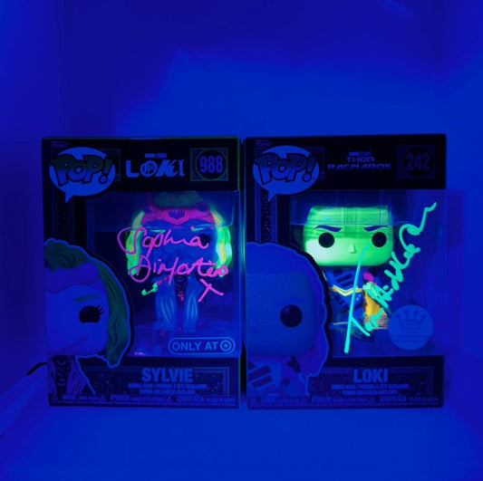 Bundle: Funko Pops Loki #242 Funko Exclusive &amp; Sylvie # 988 Only at @ - signed by black light pens authenticated By SWAU + JSA each